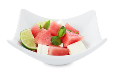 Wall Mural - Tasty salad with watermelon, feta cheese, lime and mint isolated on white