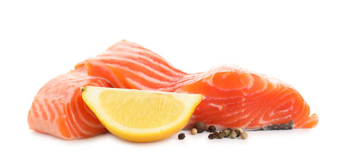 Wall Mural - Pieces of fresh salmon, lemon and peppercorns isolated on white