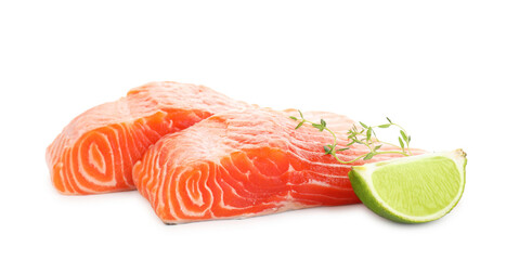 Wall Mural - Pieces of fresh salmon, lime and thyme isolated on white