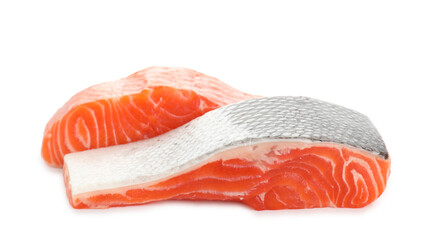 Pieces of fresh salmon isolated on white