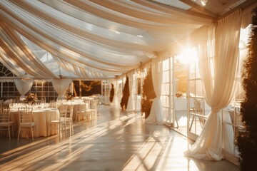 A large, open space with tables and chairs set up for a banquet, generative ai image