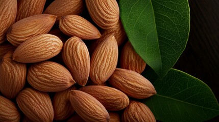 Wall Mural -  A pile of almonds topped with a green leaf At the base, more almonds lie in the heap