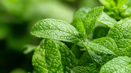  A tight shot of a green plant filled with numerous verdant leaves, foreground focused, while background softly blurs