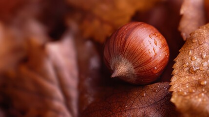 Wall Mural -  A tight shot of an acorn atop a wet leaf, surrounded by water droplets Water also pools beneath the leaf