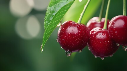  A cluster of cherries dangles from a tree branch, adorned with water-kissed leaves A solitary green leaf graces the background