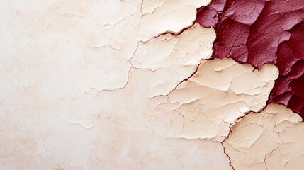  A tight shot of a white and red wall with peeling paint on its sides