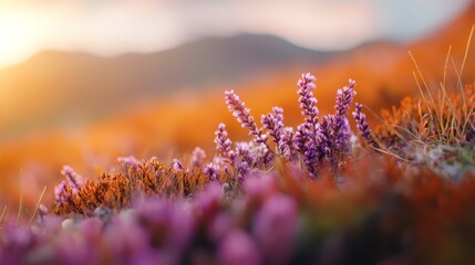  A tight shot of numerous blooms in a meadow, framed by grasses, and a mountain looming in the backdrop