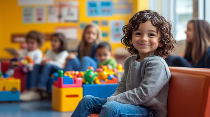 diverse kids in clinic waiting room: a multicultural group of kids playing with toys in a cheerful c