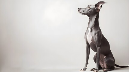 Wall Mural - A graceful Italian Greyhound sitting elegantly on a light solid color background, showcasing its slender build and fine coat