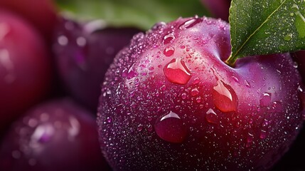 Wall Mural -  A red apple with water droplets and a green leaf above