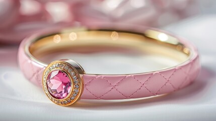 Pink leather and gold bangle jewelry on white background with gemstone close up shot