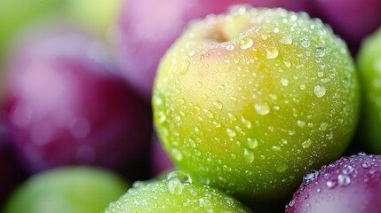 Wall Mural -  A tight shot of a cluster of green and purple apples, adorned with water droplets atop