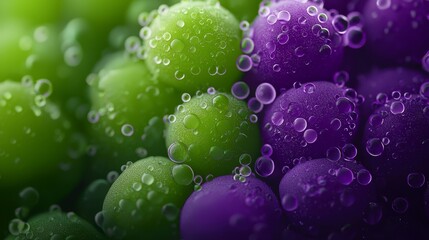 Wall Mural -  A tight shot of multiple green and purple balls, each with a water droplet atop