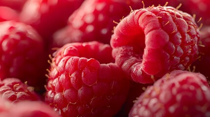  A tight shot of ripe raspberries, each adorned with droplets of water atop