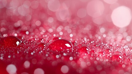 Wall Mural -  A tight shot of water droplets on a scarlet surface, surrounded by bottles of soft radiant light in the background