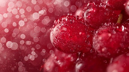 Wall Mural -  A tight shot of cherries, each adorned with a gleam of water atop and beneath