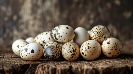 Wall Mural - Quail eggs displayed on a wood surface