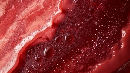  A tight shot of a red material with water droplets on its surface and atop it