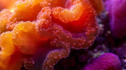 Wall Mural -  A tight shot of an orange-purple sea anemone with bubbles at its base