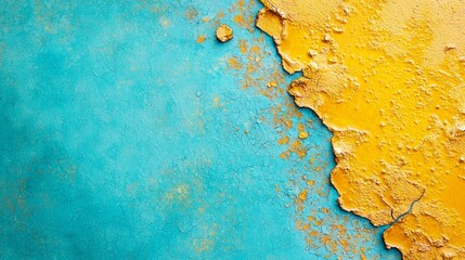 Wall Mural -  A tight shot of a blue-yellow wall with peeling paint Paint chips hover off the first layer, revealing underlying layers