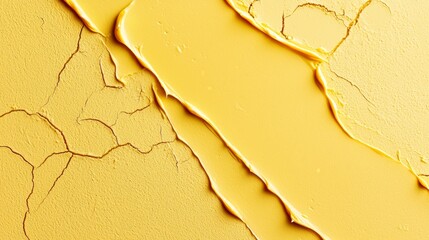 Wall Mural -  A tight shot of a yellow wall showcases a prominent split and chipped paint along its midline