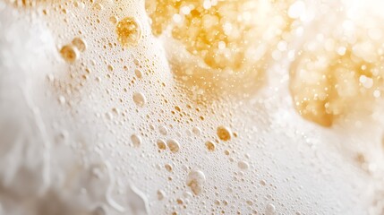 Poster -  A tight shot of water droplets on a white backdrop, with a golden and white bloom of light in the background