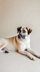 Wall Mural - An Anatolian Shepherd Dog lying down calmly on a light solid color background, with its ears perked and tail relaxed