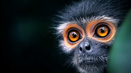  A tight shot of a monkey's face with an orange-hued eye at its center