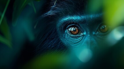 Wall Mural -  A tight shot of a monkey's eye with a nearby plant in sharp focus and a softly blurred background