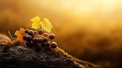 Wall Mural -  A group of grapes rest atop a mound of dirt One grapevine leaf crowns the head of a single fruit