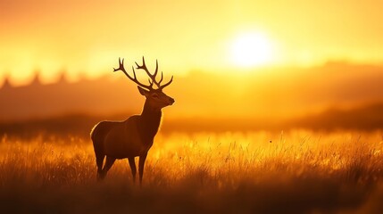 Wall Mural -  A deer stands in a field as the sun sets, grass in foreground