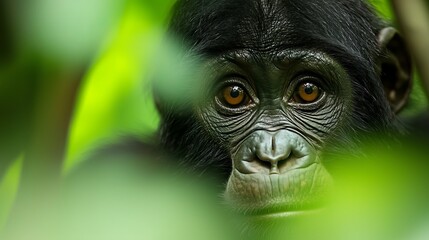 Wall Mural -  A tight shot of a monkey's visage, featuring a nearby green leaf in sharp focus, while the background softly blurs