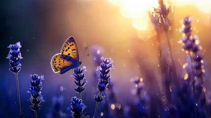  A butterfly flies above a field of purple flowers as the sun shines through the clouds behind