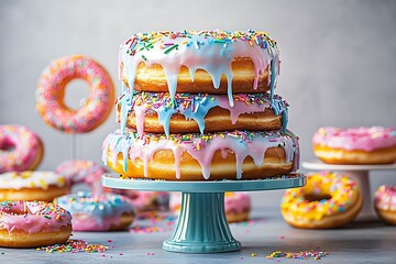 Wall Mural - Colorful donut cake with dripping icing and sprinkles on stand