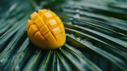 Wall Mural - Ripe Mango on Palm Leaf Healthy Food Concept with Summer Vibe