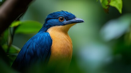 Wall Mural -  A tight shot of a blue-and-yellow bird perched on a branch against softly blurred trees and foliage