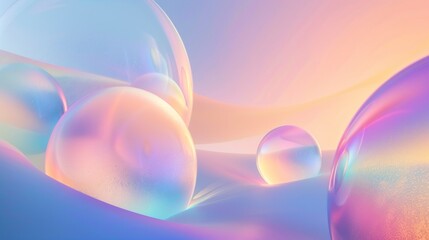 Multiple colorful, glossy spheres floating on a soft pastel gradient background. Concept of tranquility and dreaminess