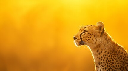 Poster -  A cheetah's face, tightly framed in close-up, set against a radiant yellow background with the sun casting golden light from behind