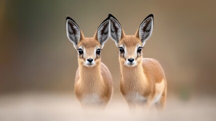  Two small deer posed side by side, before a hazy backdrop of another deer's head