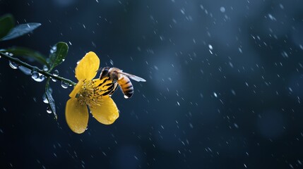 Wall Mural -  A yellow flower with a bee and dewdrops on petals against a dark blue backdrop