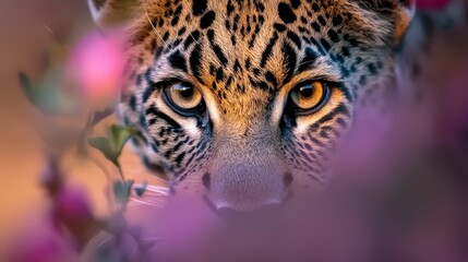 Wall Mural -  A tight shot of a leopard's face, flowers with deep purple hues in the near proximity, backdrop subtly out of focus