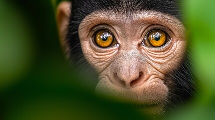  A tight shot of a monkey's face with a green leaf in the near foreground, and a yellow-eyed monkey in the background