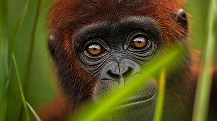 Wall Mural -  A monkey's face, in tight focus, surrounded by grass in the foreground, and a blue sky overhead