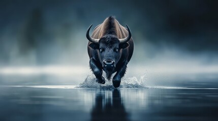 Wall Mural -  A bull charging through a body of water on a dark, foggy night