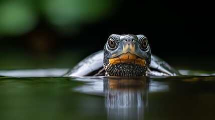 Wall Mural -  A close-up of a turtle on the water's surface, its head emerging above the surface