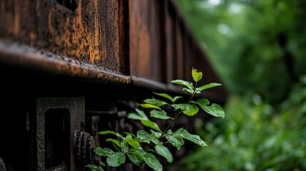  A tiny green plant sprouts from a wooden rail bridge in a verdant forest