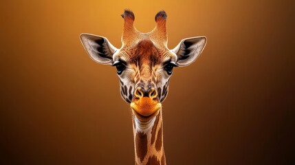 Sticker -  A tight shot of a giraffe's face holding an orange ball in its mouth against a brown backdrop