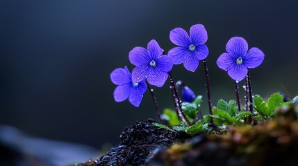 Wall Mural -  A cluster of purple blooms rests atop moss-covered terrain, neighboring a verdant plant bedecked with water beads