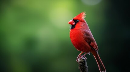 Wall Mural -  A red bird, in focus, perched on a branch against blurred background trees