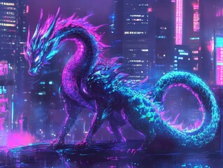 Wall Mural - iridescent neon dragon cyberpunk cityscape background